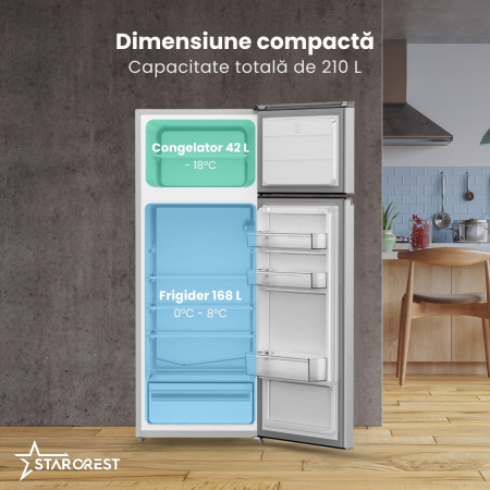 Frigider cu 2 usi STARCREST SF-210IX-E, 210 L, Clasa E, Iluminare LED, Inox Antiamprenta Termostat Ajustabil, Usi reversibile, H 143 cm, Inox [2]