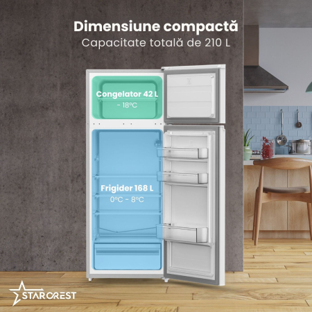 Frigider cu 2 usi STARCREST SF-210WH-E, 210 L, Clasa E, Iluminare LED, Termostat Ajustabil, Usi reversibile, H 143 cm, Alb [2]