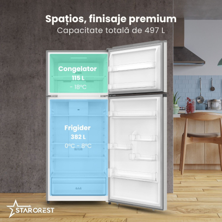 Frigider cu doua usi STARCREST SF-497NF-IX, 497 L, Full NoFrost, Compresor Inverter, Clasa E, Display, Functie super racire, Blocare acces copii, H 175 cm, Inox [2]