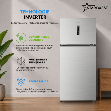 Frigider cu doua usi STARCREST SF-497NF-IX, 497 L, Full NoFrost, Compresor Inverter, Clasa E, Display, Functie super racire, Blocare acces copii, H 175 cm, Inox [6]