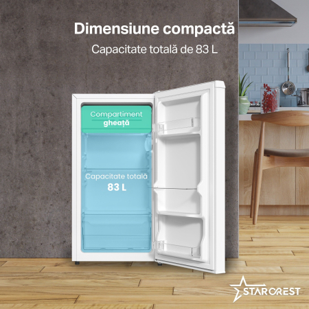 Frigider cu o usa STARCREST SF-83WHE, Clasa E, Capacitate 83L, Iluminare interioara, Compartiment gheata, H 85 cm, Alb [2]