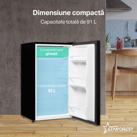 Frigider cu o usa STARCREST SF-91GLS-BKE, Clasa E, Capacitate 91L, Iluminare interioara, H 83 cm, Sticla Neagra [2]