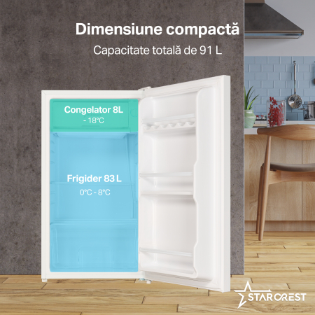 Frigider cu o usa STARCREST SF-91GLS-WHE Clasa E, Capacitate 91L, Iluminare interioara, H 83 cm, Sticla Alba [2]