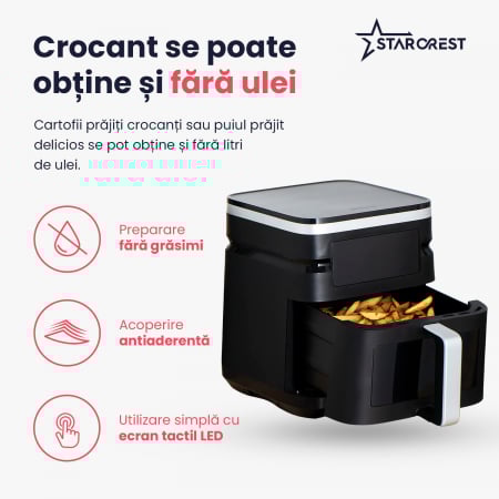 Friteuza cu aer cald STARCREST SFR-7020WBK, 7 Litri,  2 Elemente incalzire superioara / inferioara, 2000 W, Termostat 80 - 200 °C, 12 programe predefinite, Negru [2]