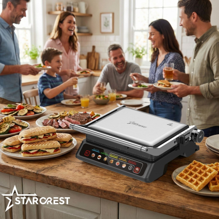 Gratar electric 3 in 1 STARCREST SGR-3023CD, 2000 W, 3 tipuri de placi detasabile cu invelis ceramic, Control digital, 7 moduri de gătire presetate, Suprafata de gatire 30 x 23 cm, Spatula curatare [8]