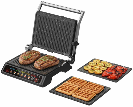 Grătare electrice - Gratar electric 3 in 1 STARCREST SGR-3023CD, 2000 W, 3 tipuri de placi detasabile cu invelis ceramic, Control digital, 7 moduri de gătire presetate, Suprafata de gatire 30 x 23 cm, Spatula curatare