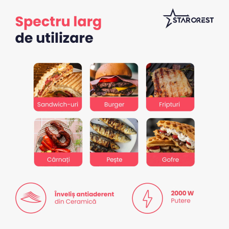 Gratar electric 3 in 1 STARCREST SGR-3023CD, 2000 W, 3 tipuri de placi detasabile cu invelis ceramic, Control digital, 7 moduri de gătire presetate, Suprafata de gatire 30 x 23 cm, Spatula curatare [4]