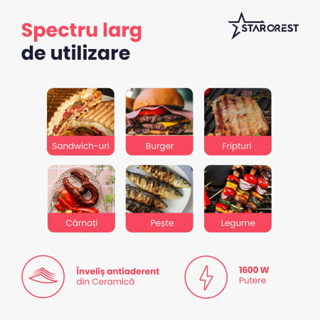 Gratar electric STARCREST SGR-2818CD, 1600 W, Placi detasabile cu invelis ceramic, Control digital, 7 moduri de gătire presetate, Deschidere la 180°, Suprafata de gatire 28.8 x 18.4 cm, Spatula curata [2]