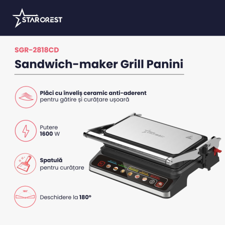 Gratar electric STARCREST SGR-2818CD, 1600 W, Placi detasabile cu invelis ceramic, Control digital, 7 moduri de gătire presetate, Deschidere la 180°, Suprafata de gatire 28.8 x 18.4 cm, Spatula curata [1]