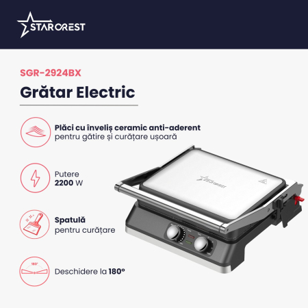 Gratar electric STARCREST SGR-2924BX, 2200 W, Placi grill cu invelis ceramic, Termostat reglabil, Timer, Deschidere la 180°, Suprafata de gatire 29 x 24 cm, Spatula curatare, Negru/Inox [1]