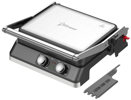 Grătare electrice - Gratar electric STARCREST SGR-2924BX, 2200 W, Placi grill cu invelis ceramic, Termostat reglabil, Timer, Deschidere la 180°, Suprafata de gatire 29 x 24 cm, Spatula curatare, Negru/Inox