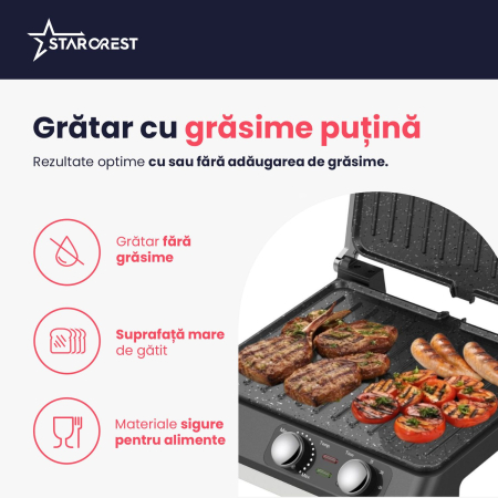 Gratar electric STARCREST SGR-2924BX, 2200 W, Placi grill cu invelis ceramic, Termostat reglabil, Timer, Deschidere la 180°, Suprafata de gatire 29 x 24 cm, Spatula curatare, Negru/Inox [3]