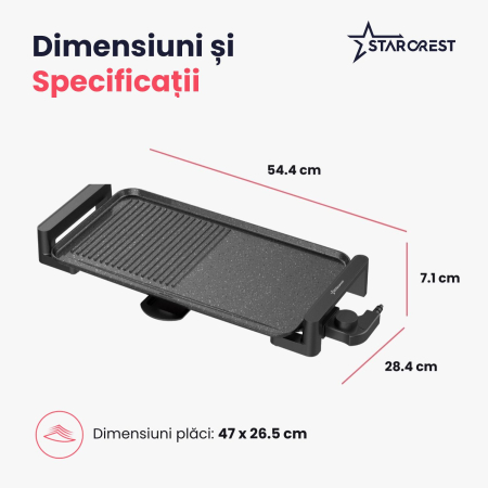 Gratar electric STARCREST SGR-4726, 2000 W, Termostat reglabil, Placa cu invelis ceramic tip grill/neted, Suprafata de gatire 47 x 26.5 cm, Negru/Inox [7]
