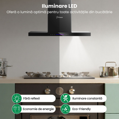 Hota incorporabila decorativa STARCREST SDH-6100BK, Putere de absorbtie 500 m3/h, Control touch, Iluminare LED, Clasa A+, 60cm, Negru + Sticla neagra [2]