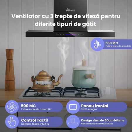 Hota incorporabila decorativa STARCREST SDH-6100BK, Putere de absorbtie 500 m3/h, Control touch, Iluminare LED, Clasa A+, 60cm, Negru + Sticla neagra [1]