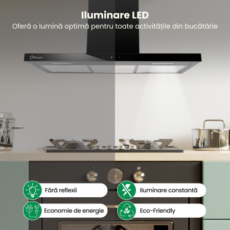 Hota incorporabila decorativa STARCREST SDH-9100X, Putere de absorbtie 800 m3/h, Control touch, Iluminare LED, Clasa B, 90cm, Negru + Sticla neagra [2]