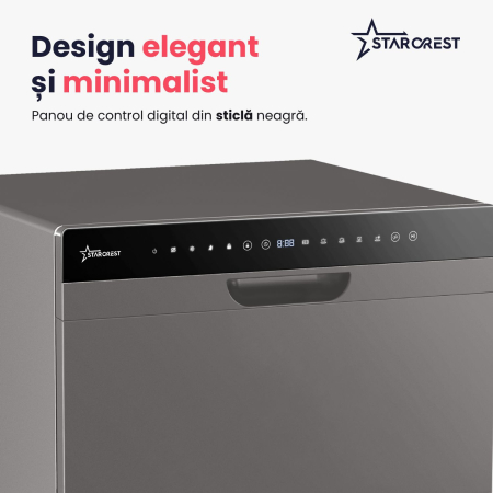 Masina de spalat vase STARCREST SDW-601-SL, 6 seturi, 5 programe, Clasa D, Panou control sticla neagra, Panou comanda digital, Mod Eco, Instalare Flexibila, Gri [1]