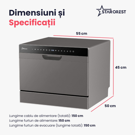 Masina de spalat vase STARCREST SDW-601-SL, 6 seturi, 5 programe, Clasa D, Panou control sticla neagra, Panou comanda digital, Mod Eco, Instalare Flexibila, Gri [7]
