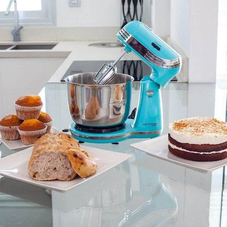 Mixer cu bol Cecotec Cecomixer Easy 4041, 250 W,  Bol inox 3 l, 6 viteze, Tel, carlige, paleta incluse, Albastru/Inox [1]