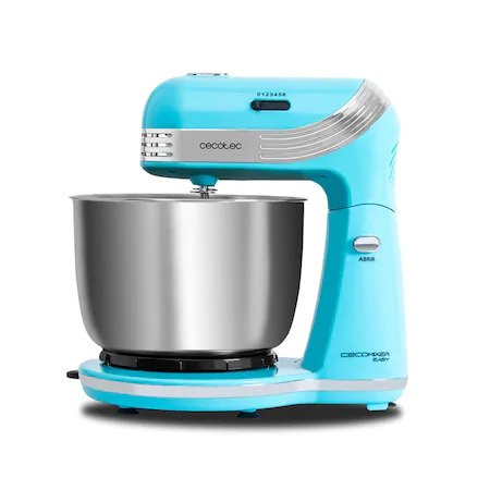 Mixere - Mixer cu bol Cecotec Cecomixer Easy 4041, 250 W,  Bol inox 3 l, 6 viteze, Tel, carlige, paleta incluse, Albastru/Inox