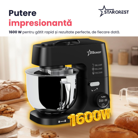 Mixer cu bol de 5L din inox, STARCREST SKM-1650BK, 1.5 kg aluat, putere 1600W, 3 accesorii, 8 viteze + Turbo, Negru [2]