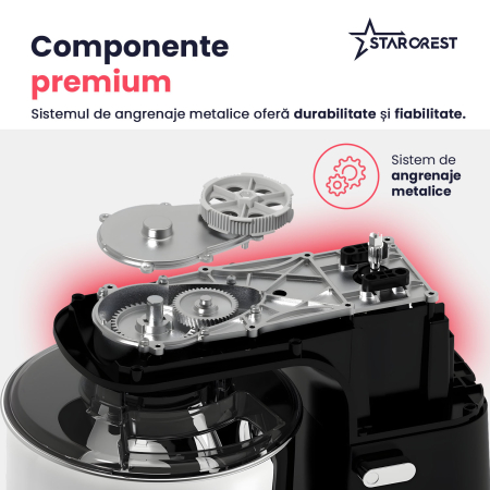 Mixer cu bol de 7L din inox, STARCREST SKM-2070BK, 2.1 kg aluat, putere 2000W, 3 accesorii din inox, 8 viteze + Turbo, Negru [6]