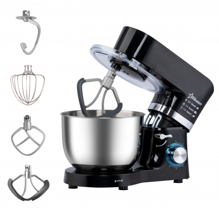 Electrocasnice Mici - Robot de bucatarie STARCREST SKM-1500BK, 1500W, Bol 5.5 L Inox, 5 Accesorii, 6 Viteze + Pulse, Angrenaje metalice, Negru + Inox