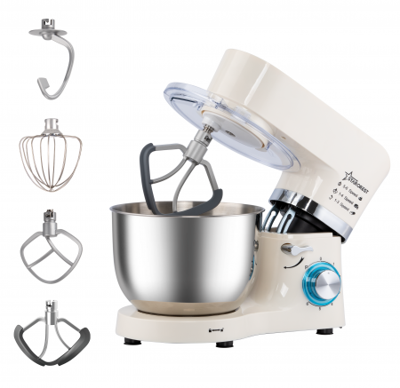 Roboti de bucatarie - Robot de bucatarie STARCREST SKM-1500CR, 1500W, Bol 5.5 L Inox, 5 Accesorii, 6 Viteze + Pulse, Angrenaje metalice, Crem + Inox