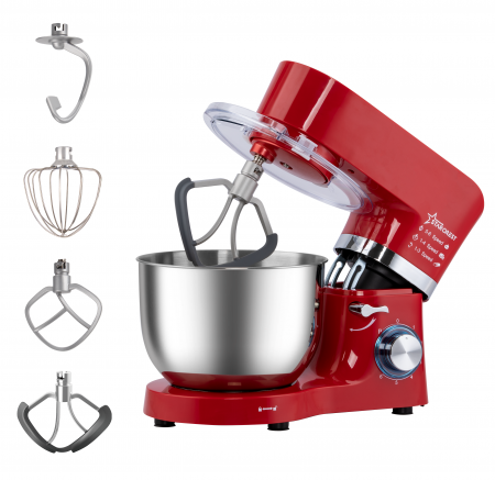 Roboti de bucatarie - Robot de bucatarie STARCREST SKM-1500RD, 1500W, Bol 5.5 L Inox, 5 Accesorii, 6 Viteze + Pulse, Angrenaje metalice, Rosu + Inox