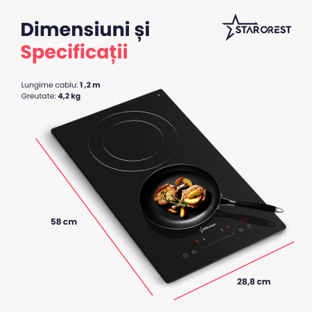 Plita incorporabila STARCREST SEH-30P2, Vitroceramica, 2 zone de gatit, 9 trepte de putere, 3200 W, Slider Touch control, Timer, Sticla Neagra [7]