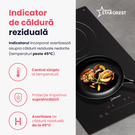 Plita incorporabila STARCREST SEH-30P2, Vitroceramica, 2 zone de gatit, 9 trepte de putere, 3200 W, Slider Touch control, Timer, Sticla Neagra [6]