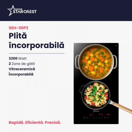Plita incorporabila STARCREST SEH-30P2, Vitroceramica, 2 zone de gatit, 9 trepte de putere, 3200 W, Slider Touch control, Timer, Sticla Neagra [1]