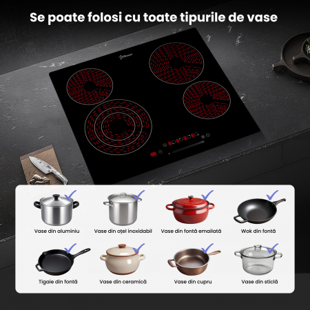 Plita incorporabila STARCREST SEH-62S3, Vitroceramica, 4 zone de gatit, 9 trepte de putere, 6500 W, Touch control, Timer, Sticla Neagra [2]