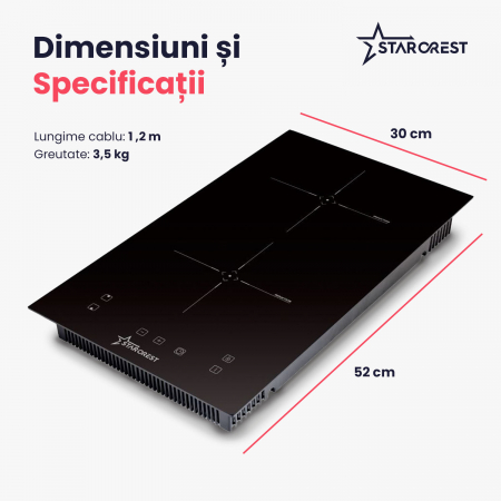 Plita incorporabila STARCREST SIH-3030, Inductie, 3300 W, 2 zone de gatit, 9 trepte de putere, Touch control, Timer, Sticla Neagra [7]