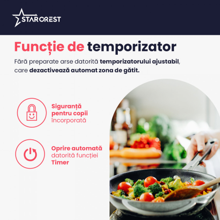 Plita incorporabila STARCREST SIH-3030, Inductie, 3300 W, 2 zone de gatit, 9 trepte de putere, Touch control, Timer, Sticla Neagra [3]