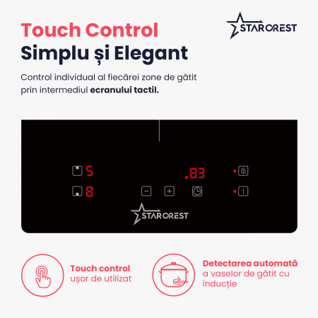 Plita incorporabila STARCREST SIH-3030, Inductie, 3300 W, 2 zone de gatit, 9 trepte de putere, Touch control, Timer, Sticla Neagra [4]