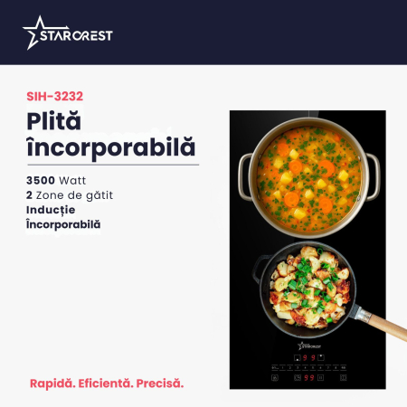 Plita incorporabila STARCREST SIH-3232, Inductie, 3500 W, 2 zone de gatit, 9 trepte de putere, Touch control, Timer, Sticla Neagra Kanger [1]
