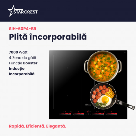 Plita incorporabila STARCREST SIH-60P4-BR, Inductie, 4 Zone de gatit, Slider Touch Control, Booster, Functie Bridge, Timer, Sticla Neagra [1]