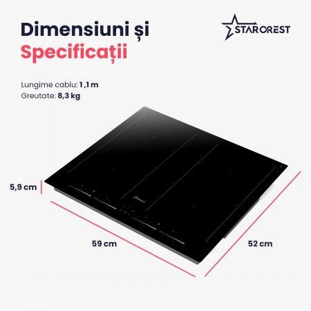 Plita incorporabila STARCREST SIH-60P4-BR, Inductie, 4 Zone de gatit, Slider Touch Control, Booster, Functie Bridge, Timer, Sticla Neagra [9]