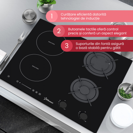 Plita incorporabila STARCREST SIH-HM9066, Mixta, 2 zone gaz, 2 zone Inductie, Aprindere electrica, Sticla neagra [2]