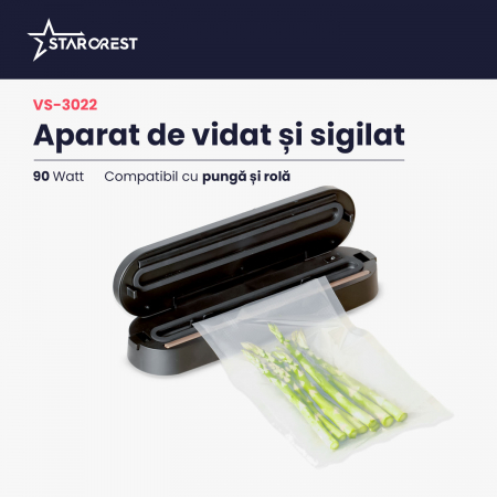 Aparat de vidat si sigilat STARCREST VS-3022, Panou comanda Touch , Vidare umed/uscata, 5 Functii, Ideal pentru alimente sensibile, Cutter incorporat, 10 Pungi incluse, Negru [1]