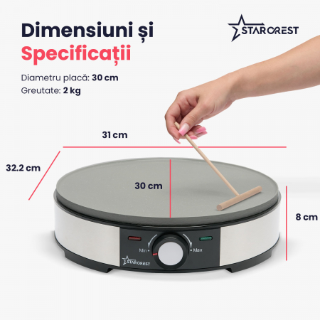 RESIGILAT - Aparat pentru preparat clatite STARCREST SCM-3212, 1200W, Placa cu invelis ceramic antiaderent, 30 cm, Inox / Negru [7]