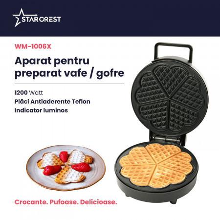 Aparat pentru preparat vafe STARCREST WM-1006X, 1200 W, 5 vafe, Placi antiaderente, Indicator luminos, Negru-Inox [2]