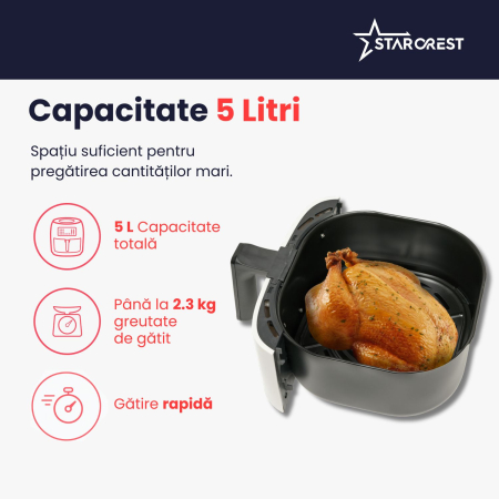 RESIGILAT - Friteuza digitala cu aer cald XL STARCREST SFR-5252WH, 1450 W, 5 Litri, Termostat 80 - 200 °C, 8 programe predefinite, Alb [5]