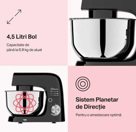 Robot de bucatarie STARCREST SKM-1015BK, 1500 W, Bol 4.5 L Inox, 5 Accesorii, 10 Viteze + Pulse, Negru [1]
