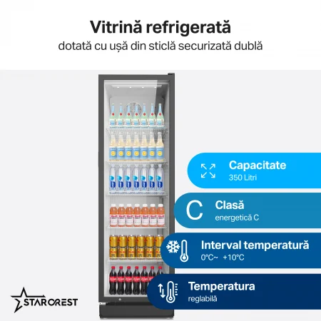 Vitrina frigorifica profesionala STARCREST SPS-350, 350 L, Termostat reglabil, Iluminare LED, H 194.5 cm, Negru [1]