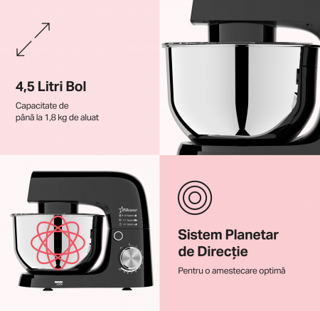 Robot de bucatarie STARCREST SKM-1015BK, 1500 W, Bol 4.5 L Inox, 5 Accesorii, 10 Viteze + Pulse, Negru [1]