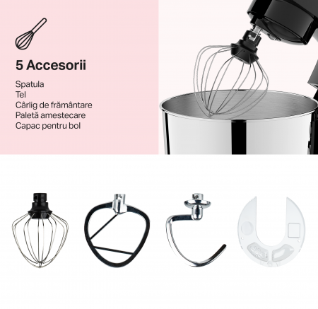 Robot de bucatarie STARCREST SKM-1015BK, 1500 W, Bol 4.5 L Inox, 5 Accesorii, 10 Viteze + Pulse, Negru [2]