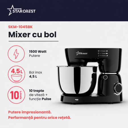 Robot de bucătărie STARCREST SKM-1045BK, 1500 W, Bol 4,5 L Inox, 4 Accesorii, 10 Viteze + Pulse, Negru [1]