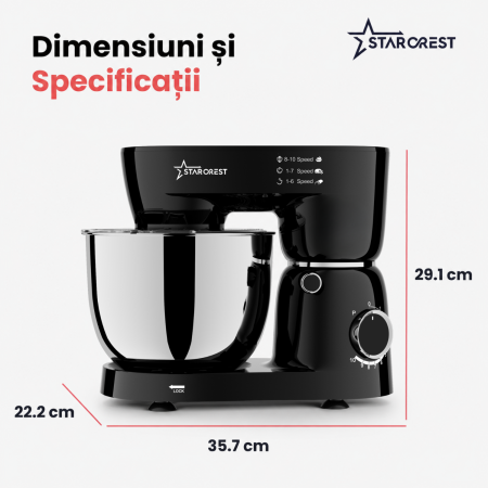 Robot de bucătărie STARCREST SKM-1045BK, 1500 W, Bol 4,5 L Inox, 4 Accesorii, 10 Viteze + Pulse, Negru [6]